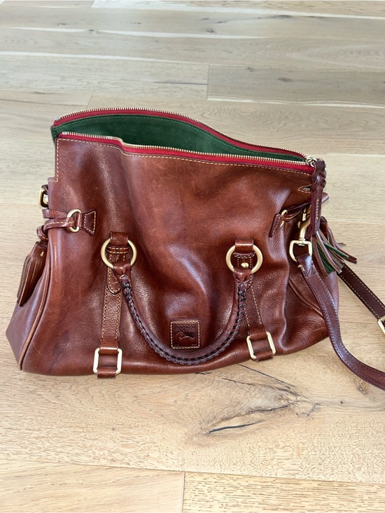 Tory Burch Handbags - Tory Burch Brown Leather Shoulder Bag with Green Interior and Red Zipper Trim